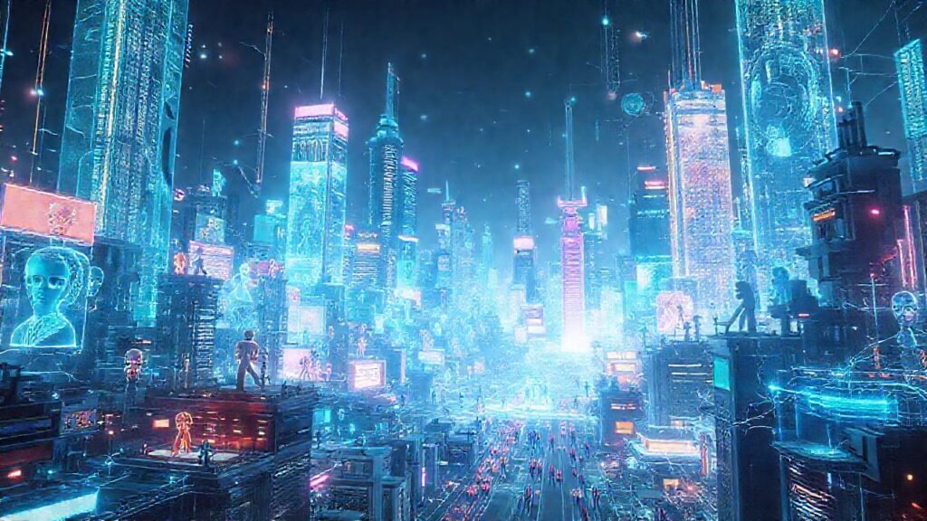 Ciudad cyberpunk futurista y digitalmente vibrante