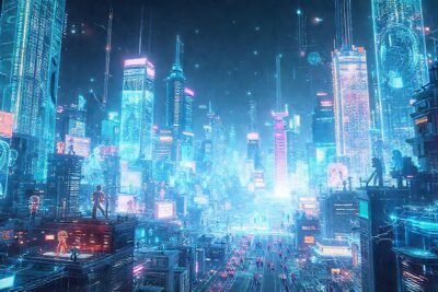 Ciudad cyberpunk futurista y digitalmente vibrante