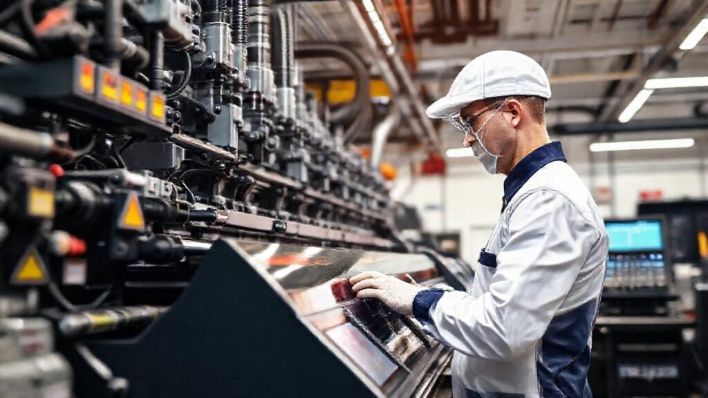 El técnico revisa maquinaria industrial brillante