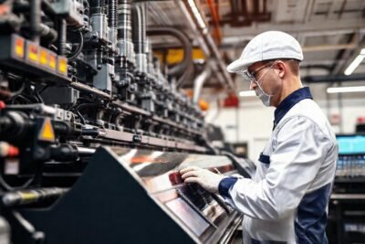 El técnico revisa maquinaria industrial brillante