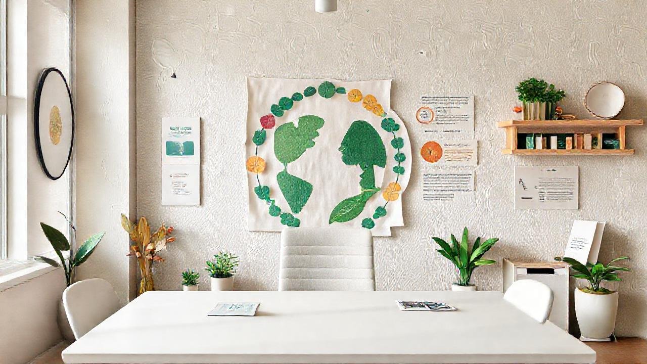 Oficina sostenible, arte reciclado, atmósfera esperanzadora