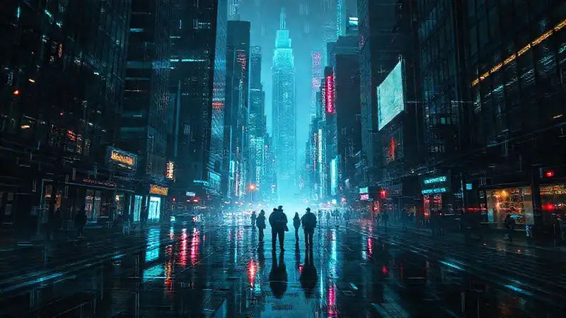 Ciudad cyberpunk oscura, infiltración digital y sombras