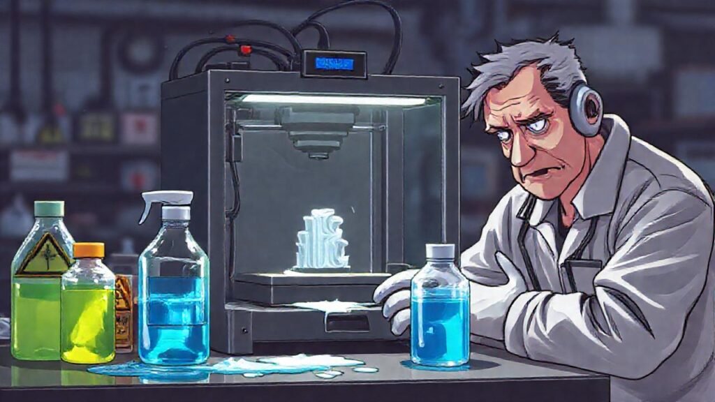 Un técnico frustrado limpia una impresora 3D