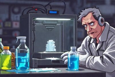 Un técnico frustrado limpia una impresora 3D