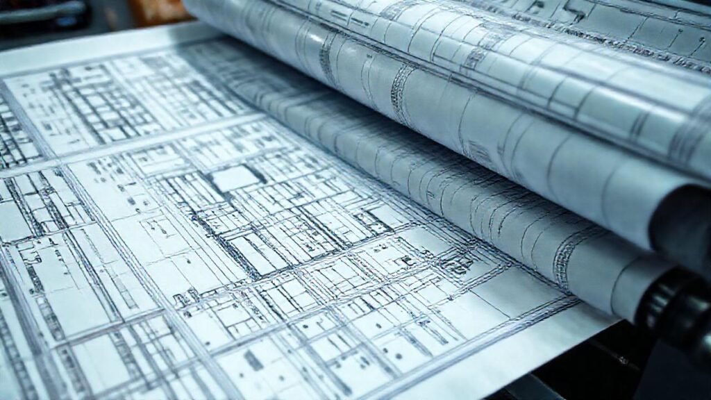 Un plano arquitectónico complejo se imprime