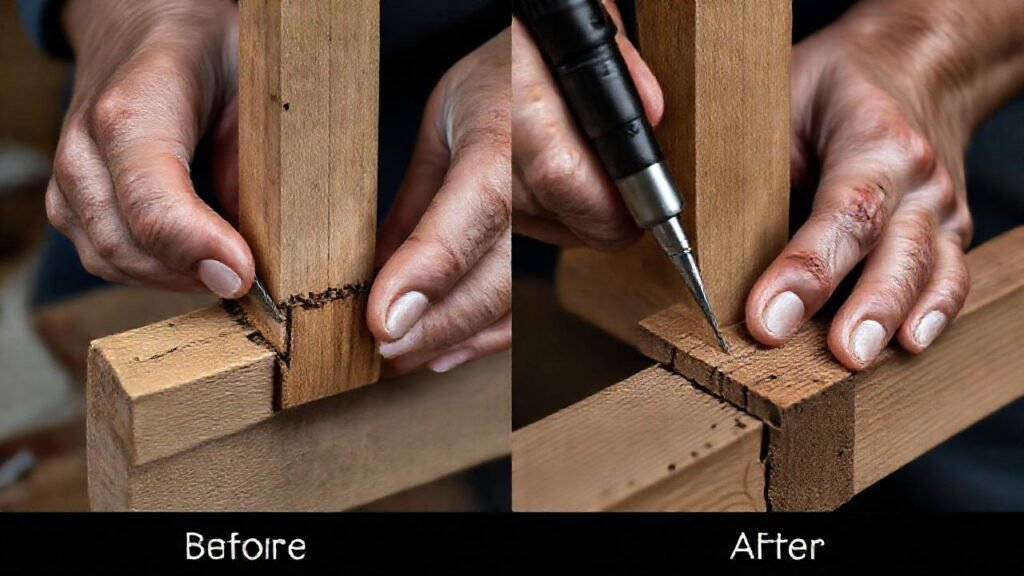 Manos reparan madera con cuidado