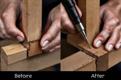 Manos reparan madera con cuidado