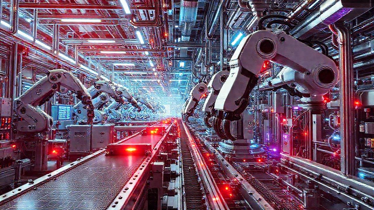 Factoría futurista robótica brilla intensamente