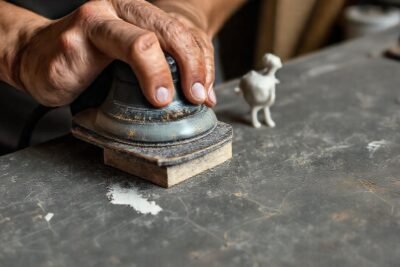 Manos restauran cuidadosamente un modelo agrietado