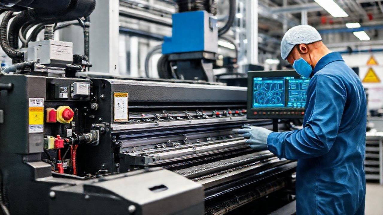 Técnico revisa impresora industrial compleja