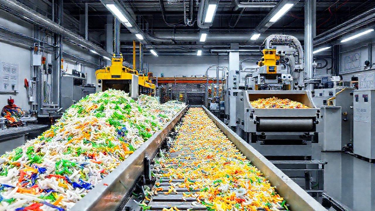 Una planta reciclaje plástico procesa material en equipo