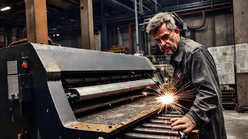 Técnico revisa maquinaria industrial deteriorada