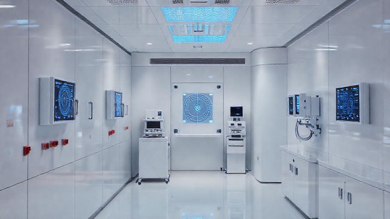 Un técnico observa datos en laboratorio limpio