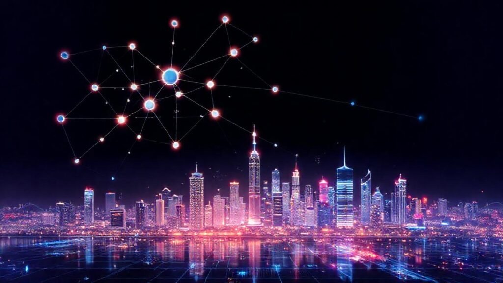 Una ciudad futurista holográfica y minimalista