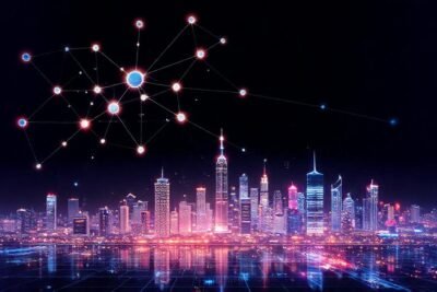 Una ciudad futurista holográfica y minimalista