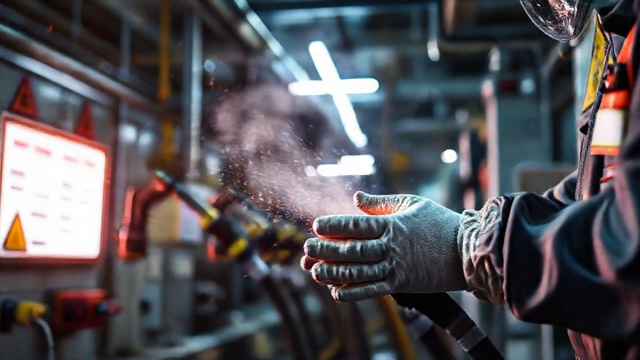 Trabajadores protegiéndose en entorno industrial peligroso