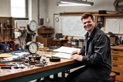 Técnico arregla reloj con herramientas