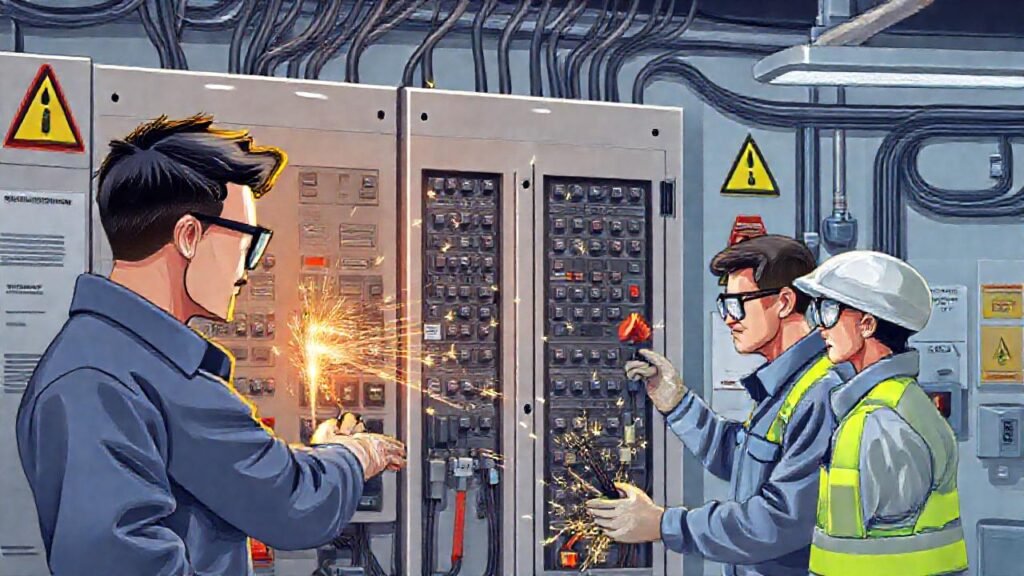 Técnicos trabajan seguros con electricidad brillante