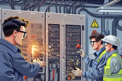 Técnicos trabajan seguros con electricidad brillante