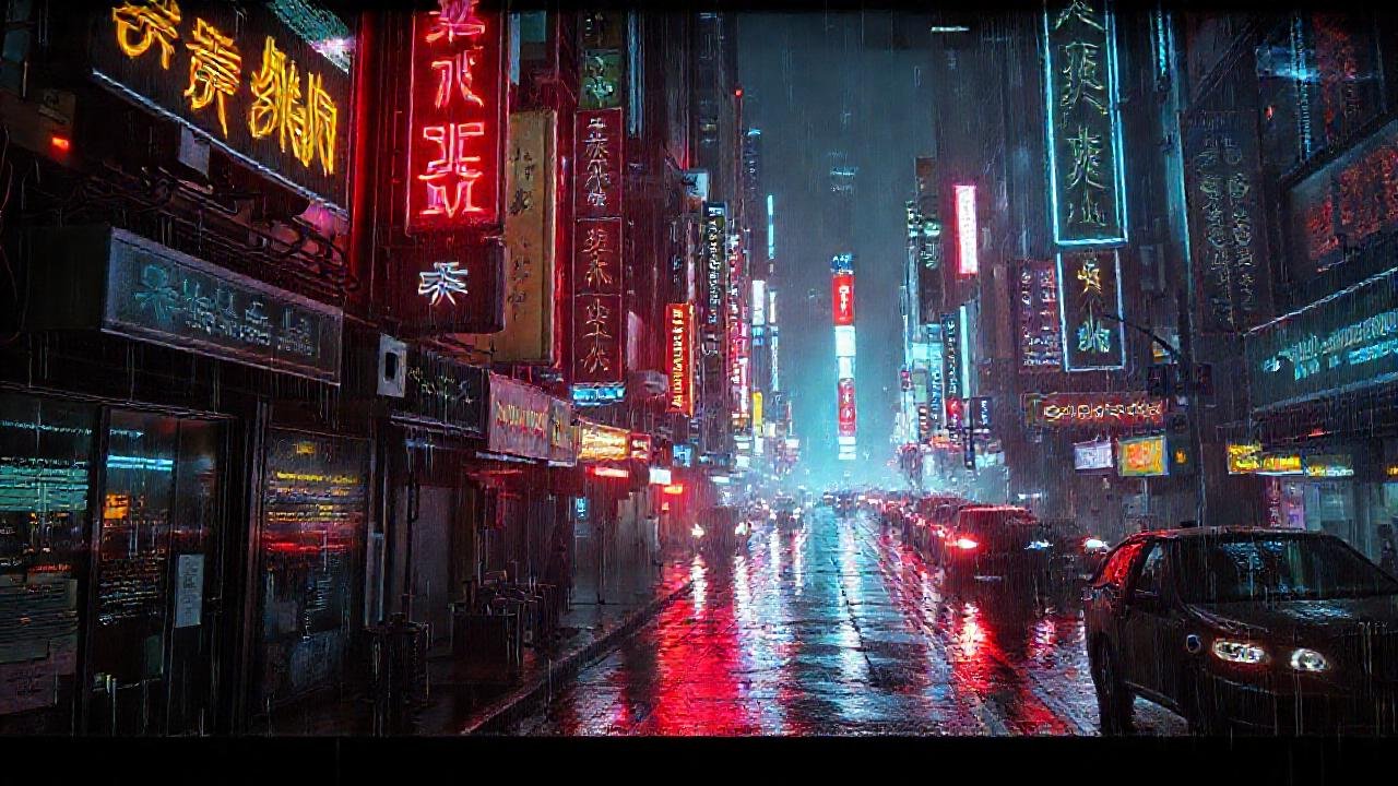 Ciudad cyberpunk, lluvia, y preocupación digital