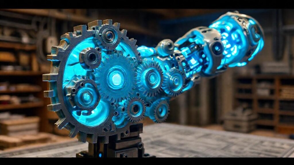 Un brazo robótico azul ilumina un taller