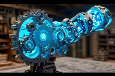Un brazo robótico azul ilumina un taller