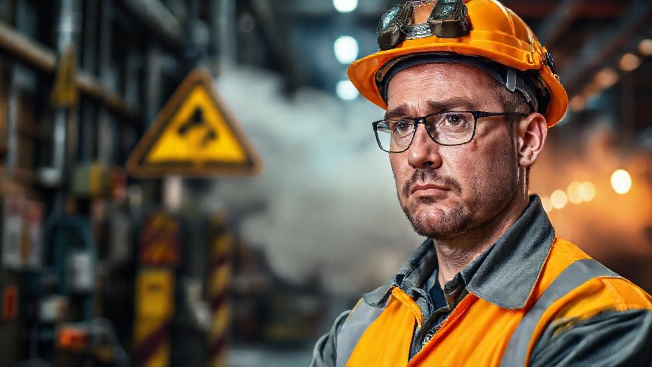 Trabajador preocupado en entorno industrial peligroso