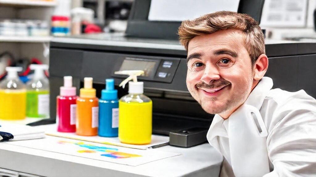 Técnico feliz limpia impresora colorida