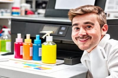 Técnico feliz limpia impresora colorida