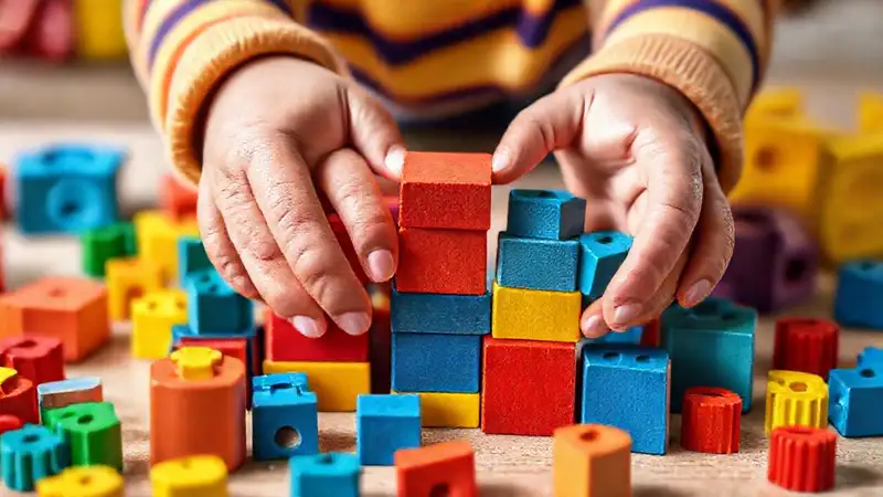 Niños construyen bloques coloridos y seguros