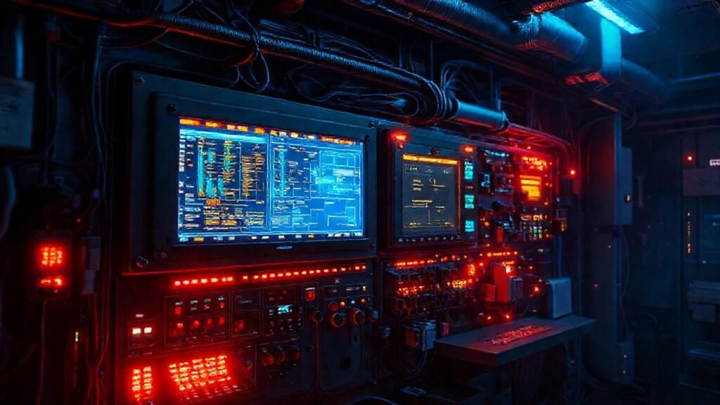Panel de control industrial futurista y complejo