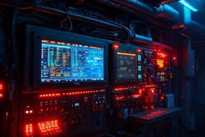 Panel de control industrial futurista y complejo