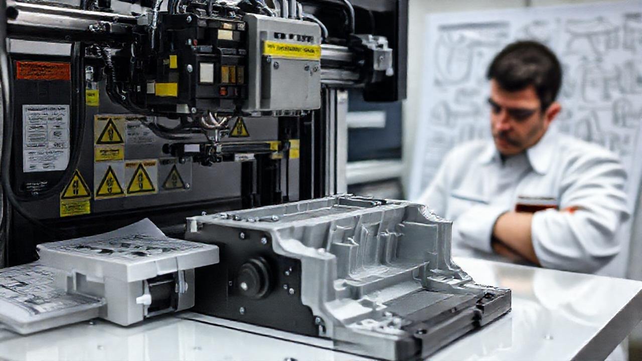 Técnico frustrado examina piezas impresoras