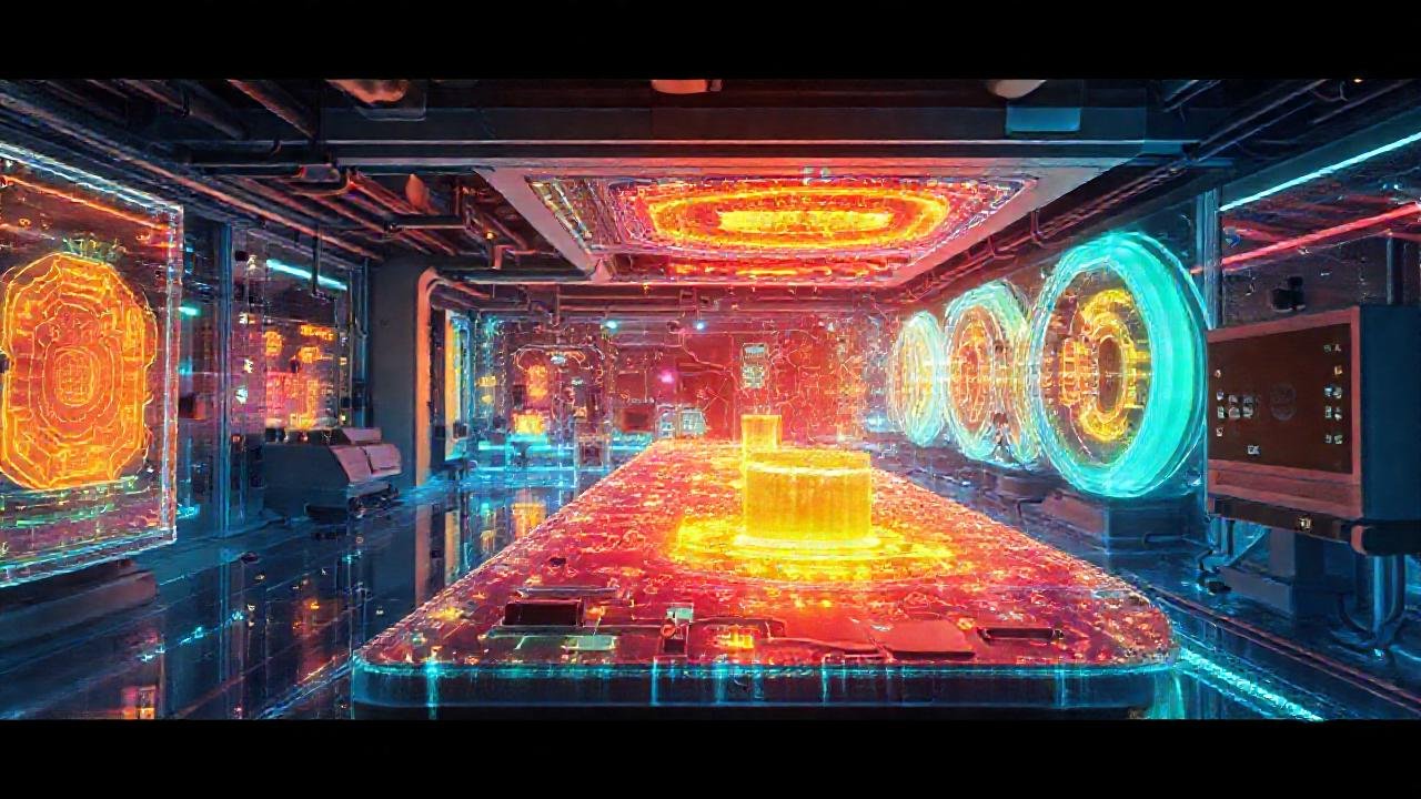 Laboratorio futurista: innovación y luz vibrante