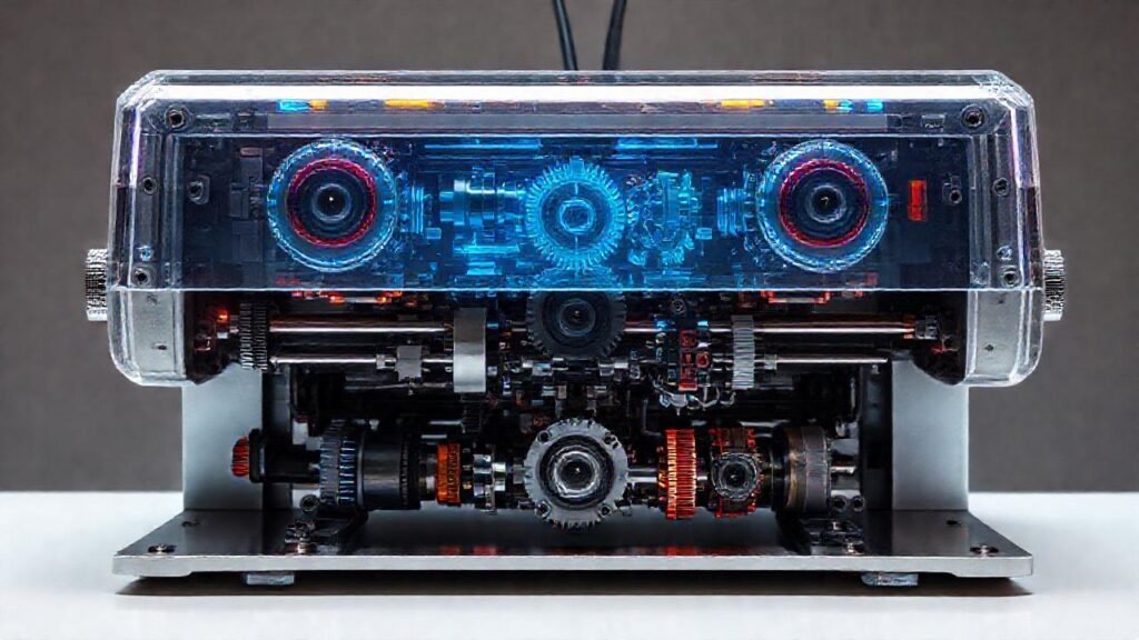 Impresora futurista con pantalla holográfica